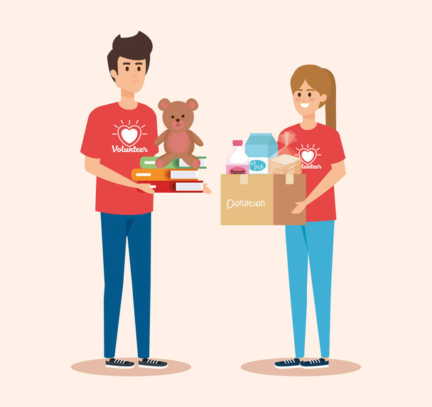 voluntários menino e menina com caixa e pelúcia com livros
 - Vetor, Imagem