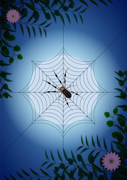 pók web között zöld ágak és virágok a háttérben a Hold - Vektor, kép