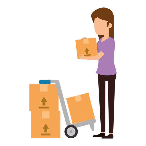 woman receiving merchandise with boxes and cart - Vector, Image