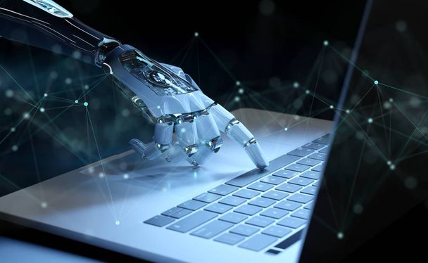 Cyborg hand pressing a keyboard on a laptop 3D rendering - Фото, зображення