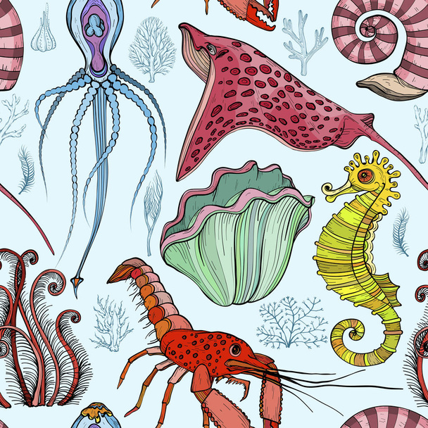 Seamless pattern with hand drawn deepwater living organisms - Vector, Image