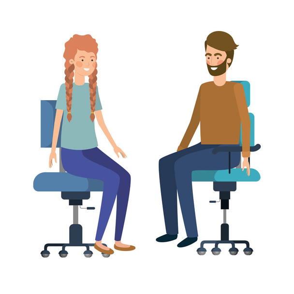 couple with sitting in office chair avatar character - Vector, Image