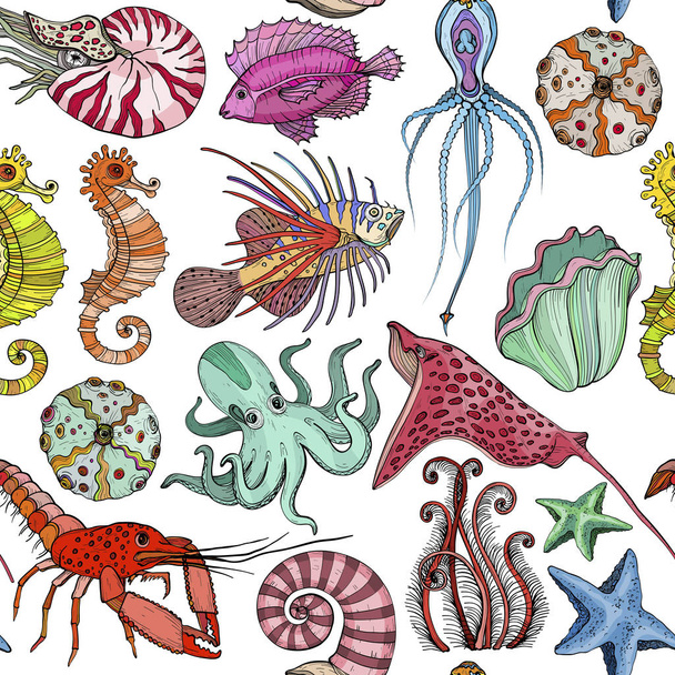 Seamless pattern with hand drawn marine life. - Vetor, Imagem