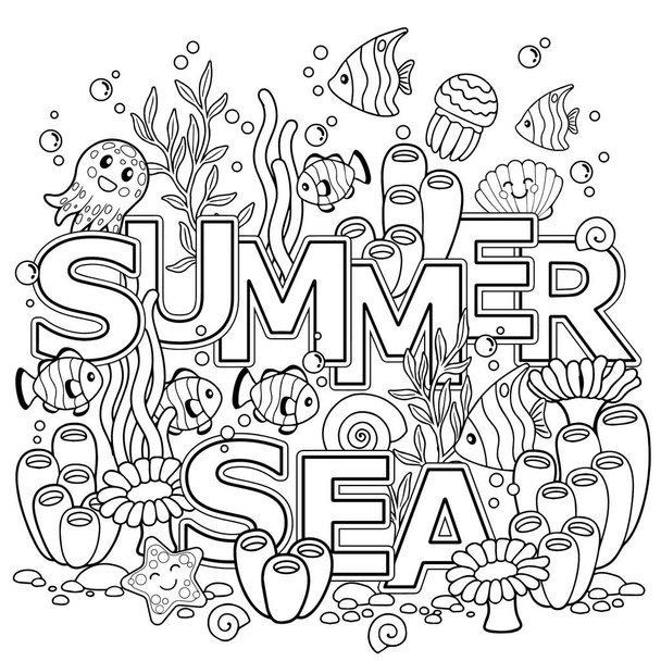 Hand drawn coloring book for adult. Summer holidays, party and rest. Coloring book for adults for meditation and relax. Summer sea. Tropical fish, nemo fish, jellyfish, corals and seashells. - Vector, Image