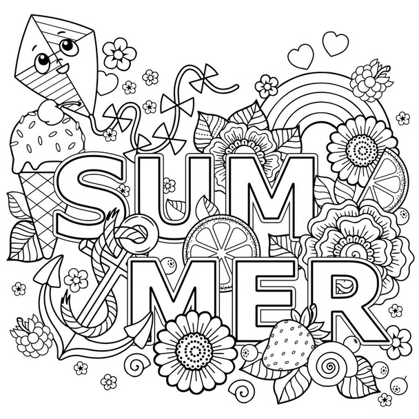 Hand drawn coloring book for adult. Summer holidays, party and rest - Vector, afbeelding