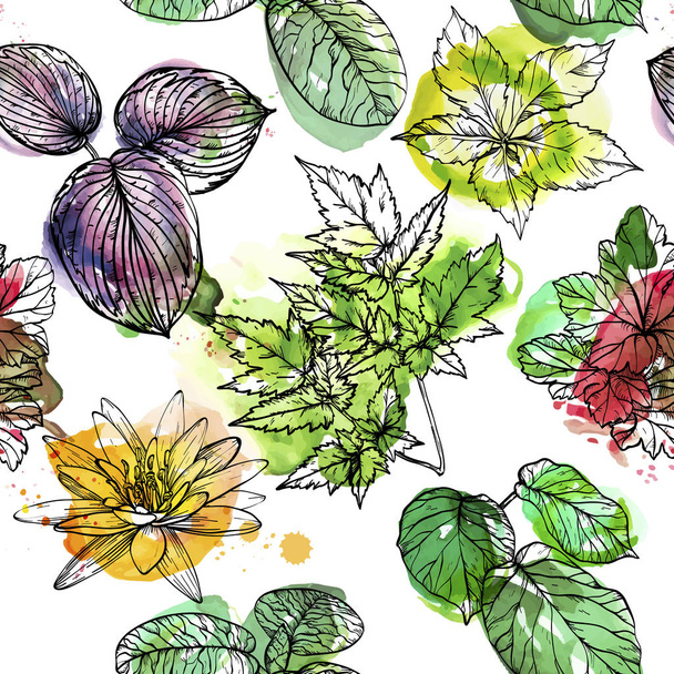 Seamless pattern with watercolor paint branches and leaves, hand drawn design elements - Vektori, kuva