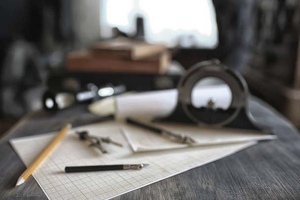 drawing tools, concept engineering project vintage / compass pencil paper education drafting - 写真・画像