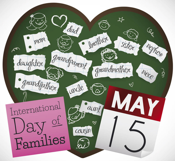 Μαυροπίνακας με μέλη της οικογένειας για να γιορτάσουν τη διεθνή ημέρα των οικογενειών, απεικόνιση διάνυσμα - Διάνυσμα, εικόνα