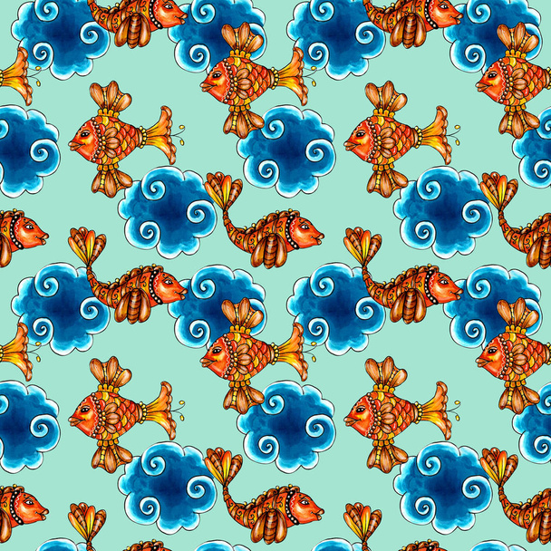 Fish and underwater grass hand drawn seamless pattern, raster - Foto, imagen