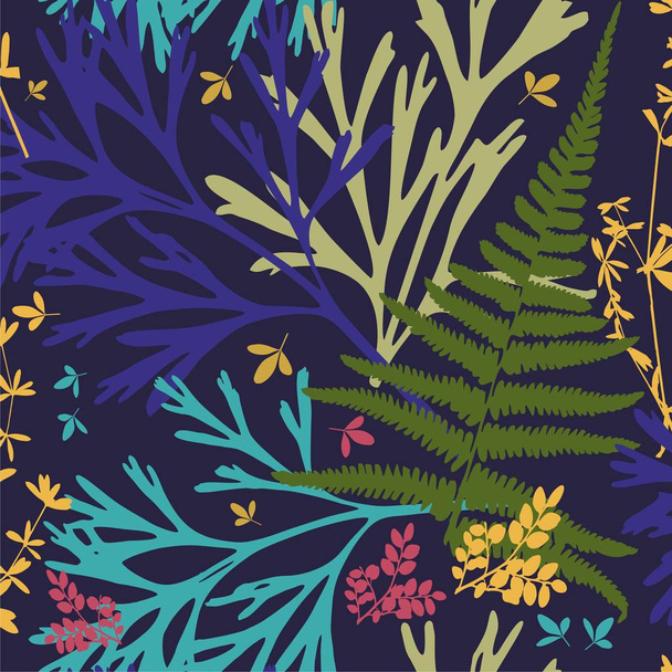 Vorlage. Herbarium mit Wildblumen, Zweigen, Blättern. botanischer Hintergrund auf blauem Grund - Foto, Bild