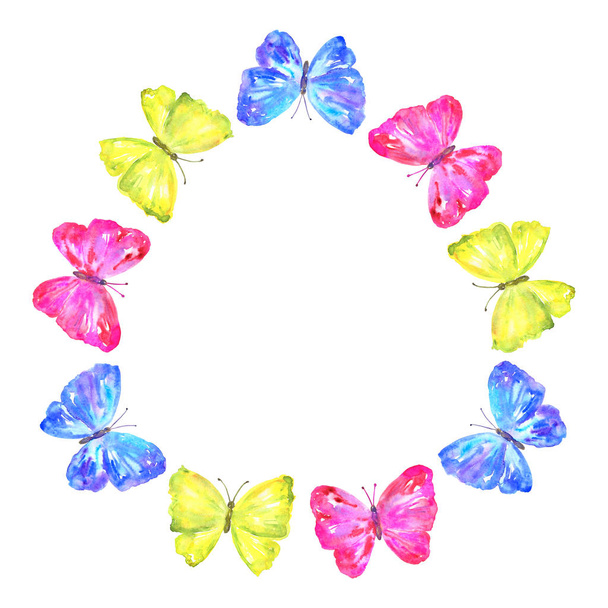 Marco redondo. Mariposas de colores: amarillo, rosa, azul. Ilustración acuarela dibujada a mano. Aislado sobre fondo blanco
. - Foto, Imagen