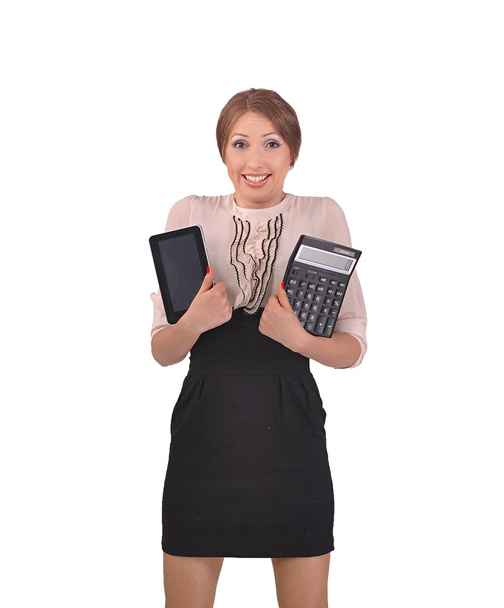 Nő, egy számológép és egy toll tabletta - Fotó, kép