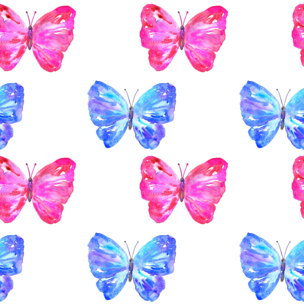 Padrão sem costura com borboletas azuis e rosa coloridas. ilustração aquarela desenhada à mão. Textura para impressão, tecido, têxtil, papel de parede
. - Foto, Imagem