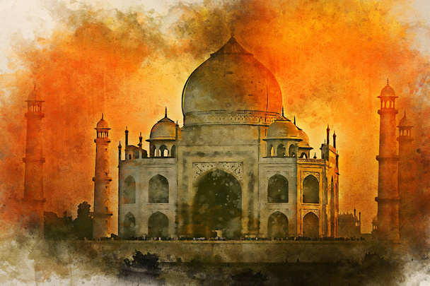 Vesiväri maalaus Taj Mahal luonnonkaunis auringonlasku näkymä Agra, Intia
. - Valokuva, kuva