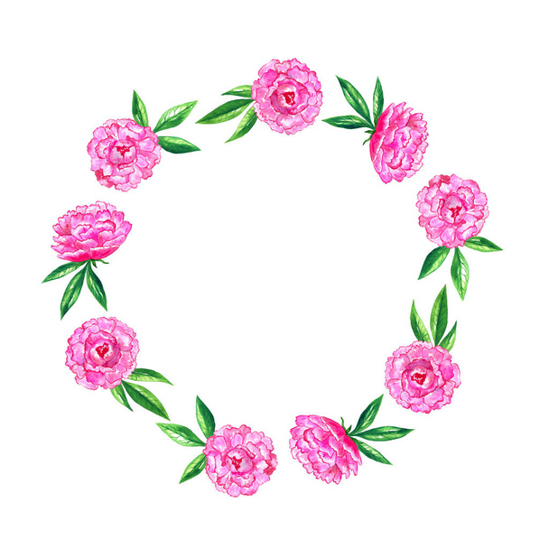 leuchtend rosa Pfingstrosen. rundes Blumengestell. Aquarell handgezeichnete Illustration. - Foto, Bild