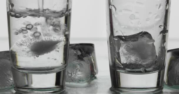 Derramar dois shots de vodka de uma garrafa em vidro. Fundo branco
 - Filmagem, Vídeo