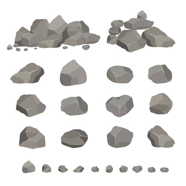 Set of gray granite stones of different shapes. Element of nature, mountains, rocks, caves. Minerals, boulder and cobble. - Vector, Image