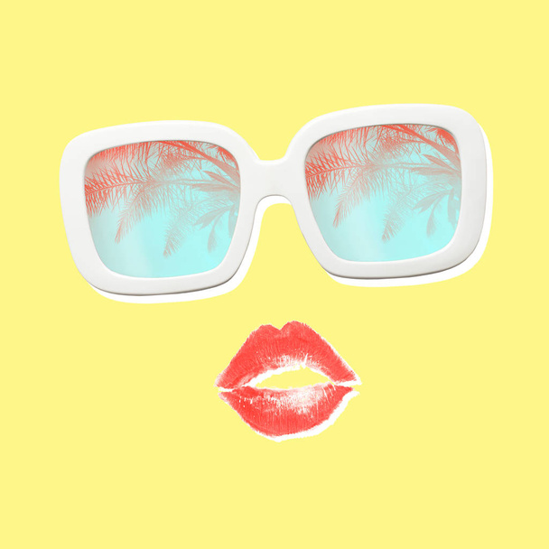 Σύγχρονο καλλιτεχνικό κολάζ από χείλη και γυαλιά ηλίου. - Φωτογραφία, εικόνα