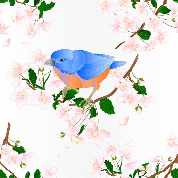 Бесшовная текстура птицы Синяя птица маленькие дрозды певчие птицы на ветке дикой вишневой дикой весной вишневый синий фон винтажные векторные иллюстрации редактируемый ручной рисунок
 - Вектор,изображение