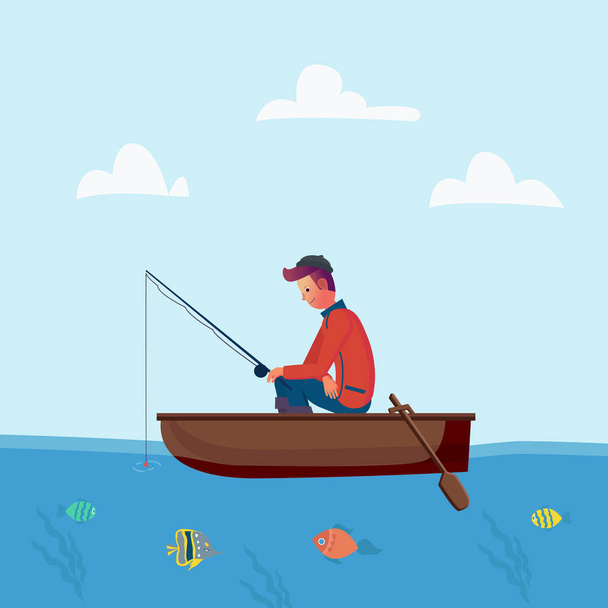 Fisher man holding fishing rod, season fishing. Vector character on holiday, trip. illustration. Flat cartoon design style - Vettoriali, immagini