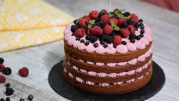 Chocolate cake with summer berries. - Footage, Video