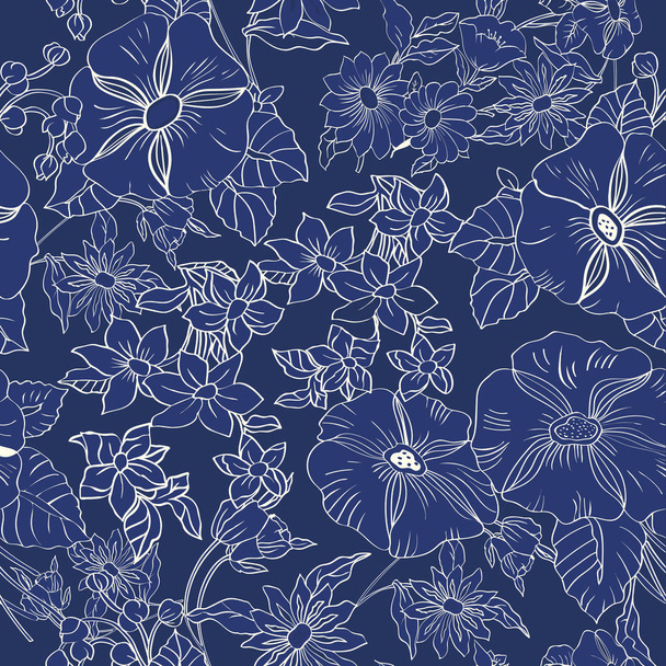 Floral seamless pattern with abstract leaves, flowers, petunias and daisies. - Vettoriali, immagini