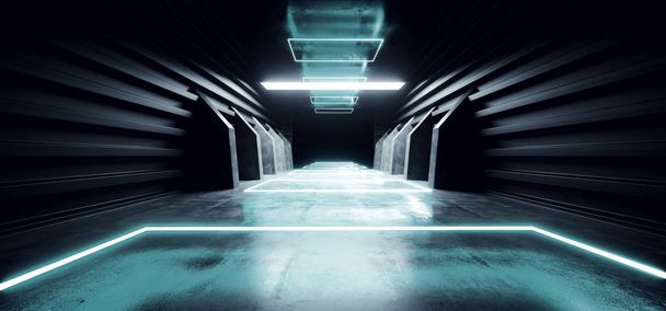 Νέον μπλε λαμπερό φουτουριστική σύγχρονη Sci Fi τσιμεντένιο διάδρομο Corr - Φωτογραφία, εικόνα