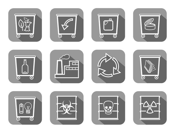 Waste disposal, flat icons, thin outline, vector. Garbage collection, different types of waste. White, contoured icons on grey background with shadow. Flat icons.  - Vector, Image