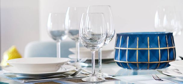 Table appointment setting at restaurant fragile wine or water glasses - Photo, image