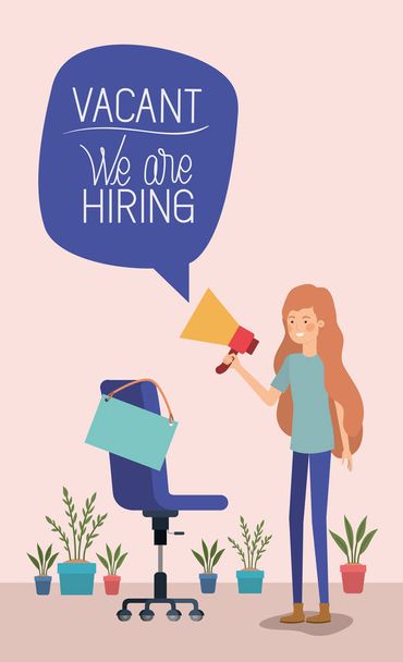 woman using megaphone with we are hiring message - Vector, Image