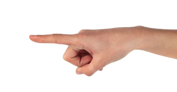 Wijzende menselijke hand geïsoleerd op witte achtergrond - Foto, afbeelding