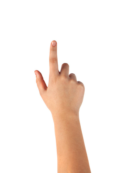 Γυναικείο χέρι που δείχνει το ένα δάχτυλο σε λευκό φόντο - Φωτογραφία, εικόνα