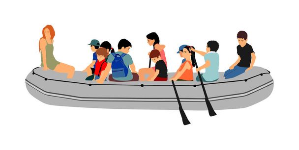 Happy kids rafting with rubber boat vector. Children beach fun. Girls and boys enjoying rowing on river on inflatable boat. Friends paddling. Nice childhood. Young crew outdoor relaxing. Summer active - Vektor, obrázek