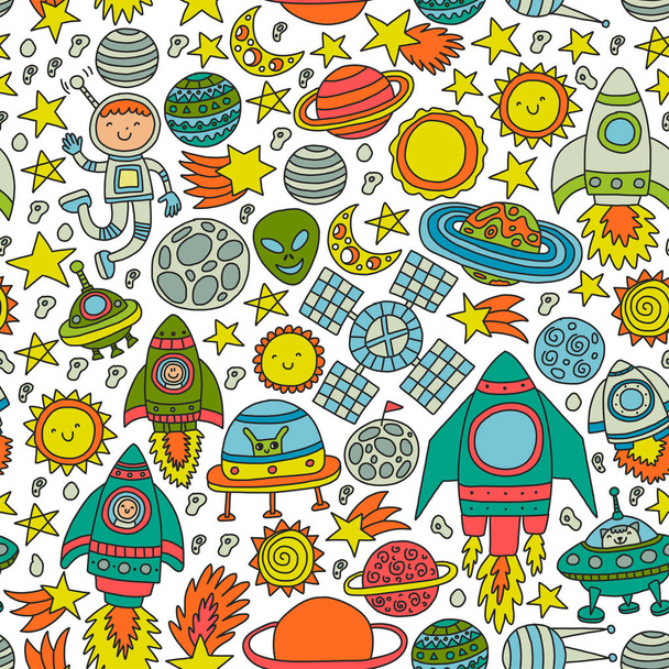 Vector pattern with space icons, planets, spaceships, stars, comets, rockets, space shuttle, flying saucers. - Vector, Image