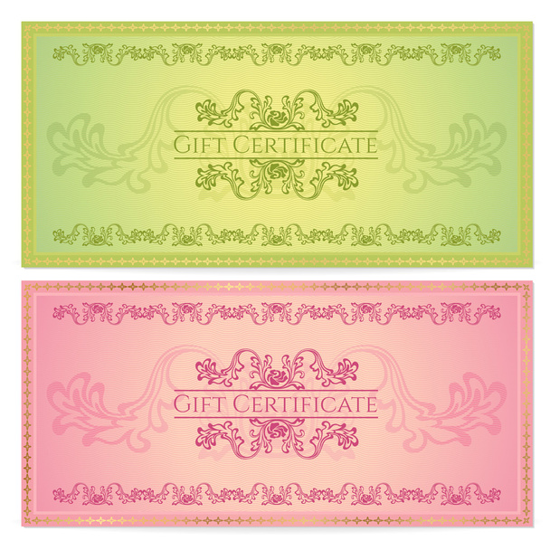 Gift certificate, Voucher, Coupon template (layout) with floral pattern (watermark), border. Background for invitation, banknote, cheque (check), money design, currency. Green, red color. Vector - Vector, imagen