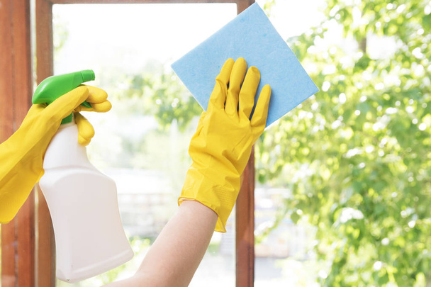 Hausfrau wäscht mit gelben Gummihandschuhen und blauem Lappen die Fenster im Haus. Reinigung und Hausreinigung. Hintergrundfenster - grüne Blätter. Holz- und Kunststofffenster - Foto, Bild
