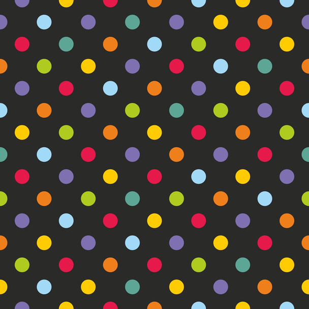 Seamless vector dark pattern or texture with colorful yellow, orange, red, violet, green and blue polka dots on black background - Vector, Image