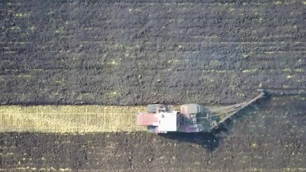 Fotocamera aerea guardando dritto verso il basso con un trattore piantare patate in un campo
. - Filmati, video