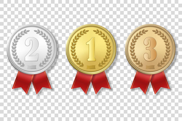 Vector 3d Realistic Gold, Silver and Bronze Award Medal Icon Set with Color Ribbons Closeup Isolated on White Background. The First, Second, Third Place, Prizes. Sport Tournament, Victory Concept - Vektori, kuva