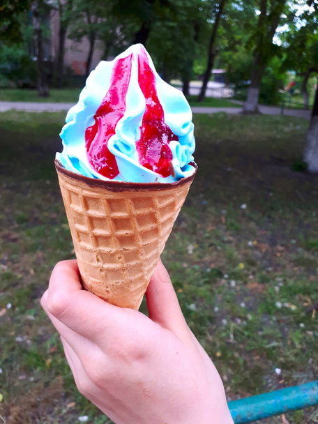Closeup of person holding ice cream cone - Fotografie, Obrázek