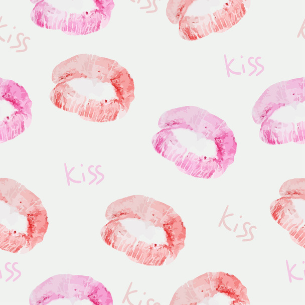 Vector seamless background. lip prints and the inscription kiss. Print natural lip prints. - Vector, Image