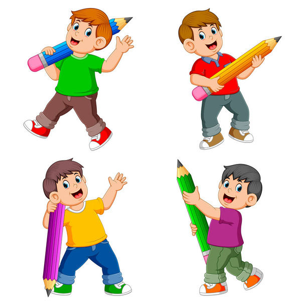 коллекция мальчика, держащего большой карандаш в разных позах
 - Вектор,изображение
