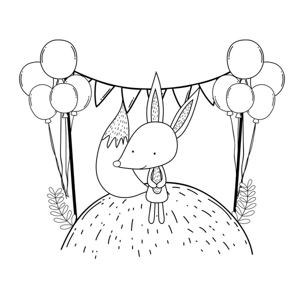 lindo y pequeño zorro con globos de helio en el paisaje
 - Vector, Imagen