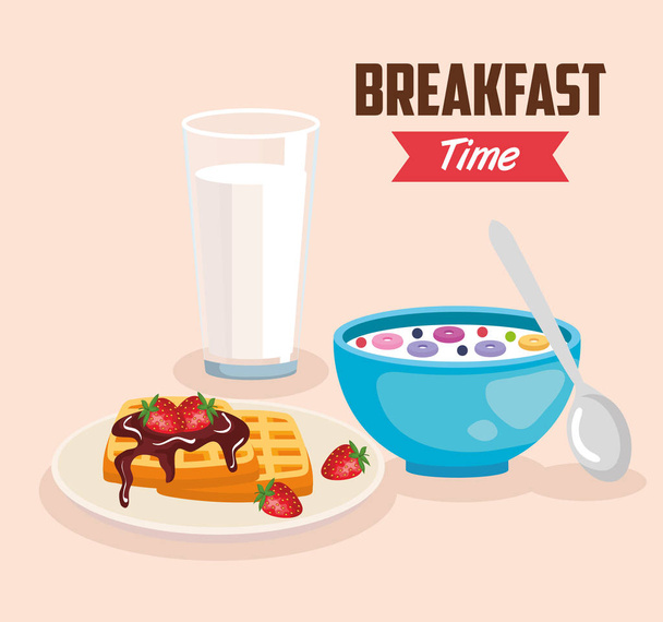 delicious cereal with waffles and milk glass - Vector, afbeelding