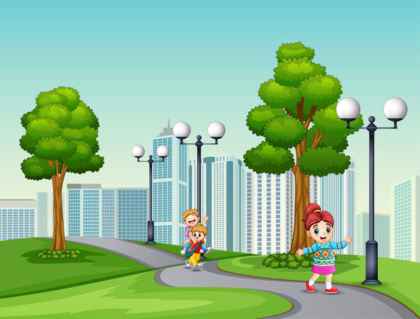 Cartoni animati bambini felici che corrono sulla strada del parco
 - Vettoriali, immagini