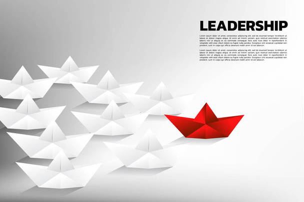 Red origami paper ship leading the group of white. Business Concept of team leadership. - Vector, Image