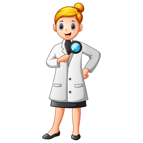 Вчені жінка в лабораторних пальто тримає збільшувальне скло
 - Вектор, зображення