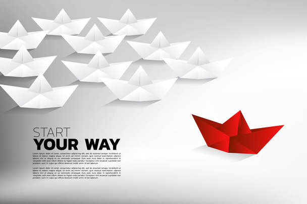 Kırmızı origami kağıt gemi beyaz gruptan farklı yönde hareket. İş İnovasyon, Fikir, Fırsat ve Yaratıcı İş Kavramı. - Vektör, Görsel
