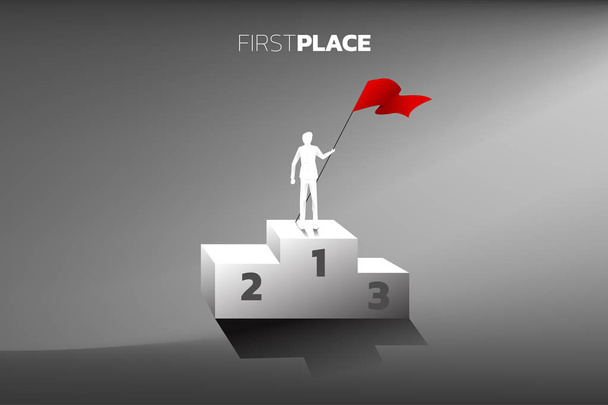Sziluettje üzletember vörös zászló bajnok dobogón. A nyertes és a siker üzleti koncepciója - Vektor, kép