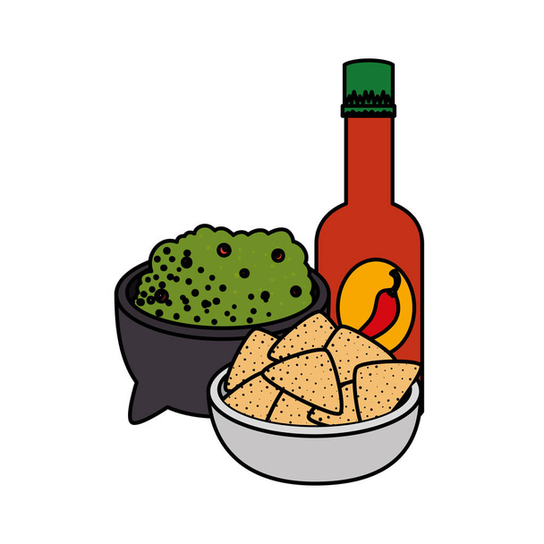 Guacamole-Sauce mit Nachos und scharfer Sauce - Vektor, Bild